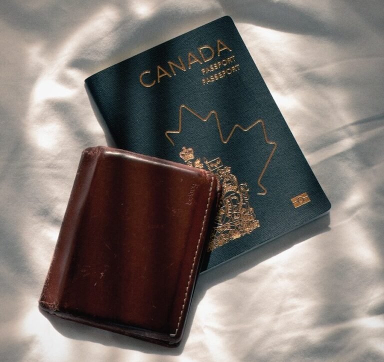 Canadian passport and brown leather wallet on white fabric.